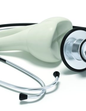 Very high resolution 3d rendering of a stethoscope and a tooth